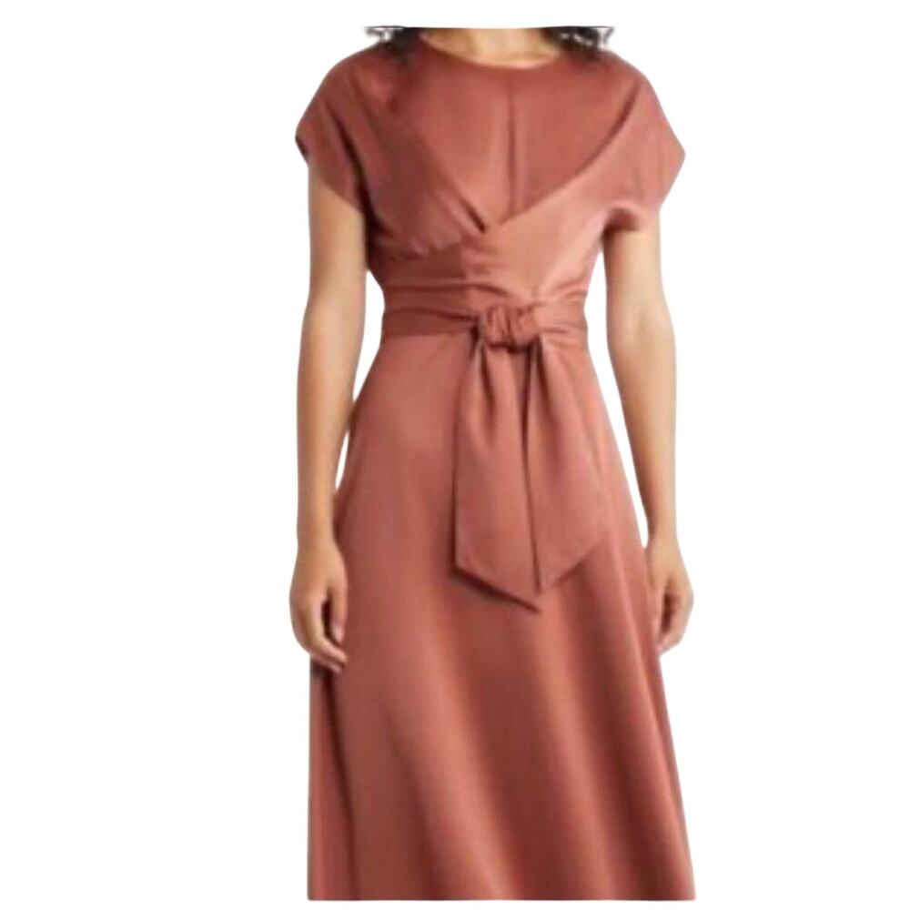 Zoe and Claire Satin Tie Waist Midi Dress Rust Orange Cap Sleeve Elegant L NWT